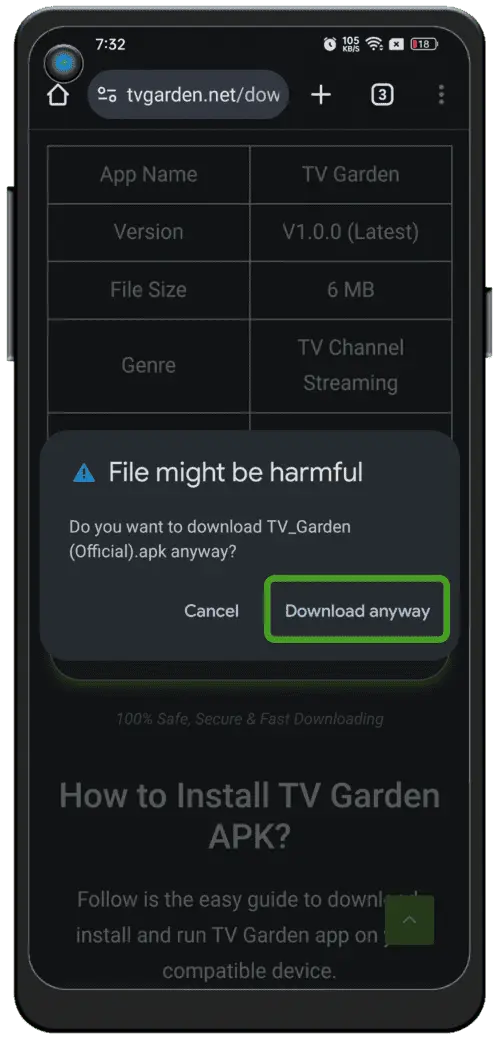 Download APK warning screen