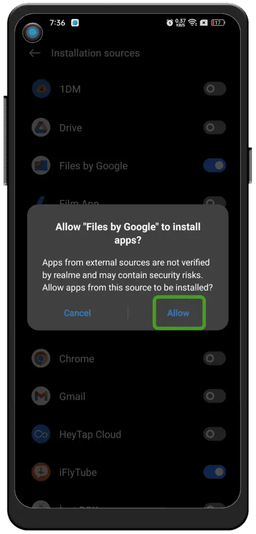 Allow install unknown apps screen